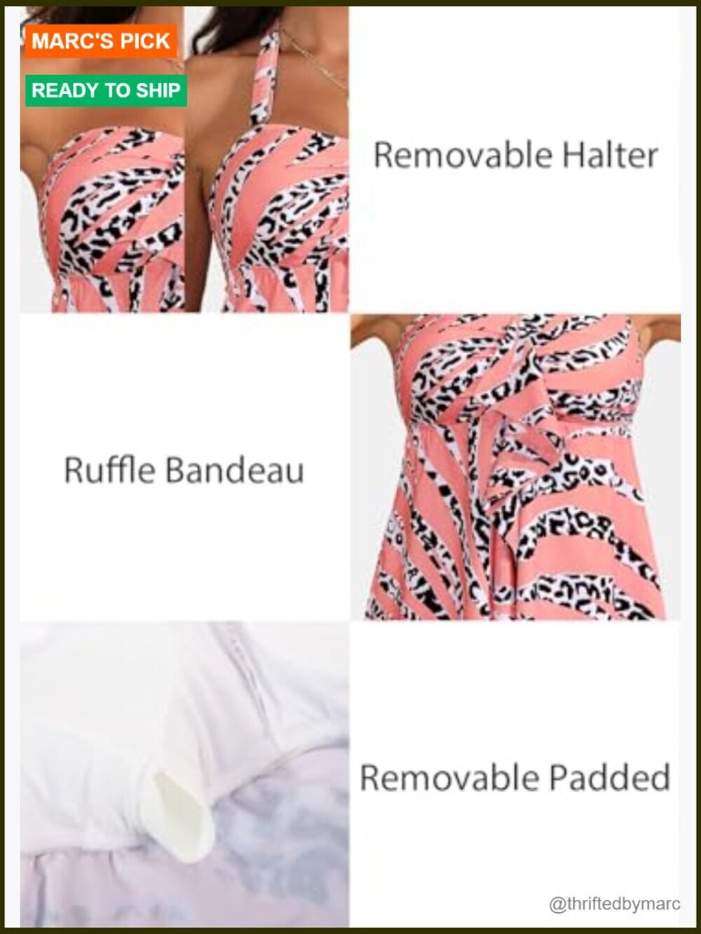 Two Piece Tankini Swimsuit, Removable Halter Bandeau Top with Briefs, Flyaway - Picture 6 of 7